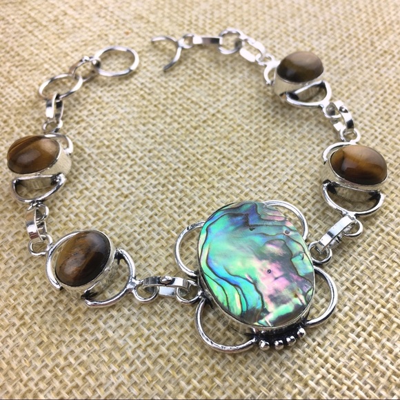New Abalone & Tigers Eye Gemstone Silver Overlay Bracelet 7 1/4 & 8 - Picture 1 of 8
